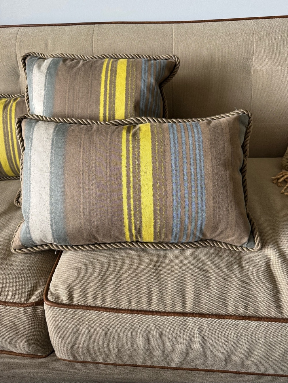 Striped Accent Pillow in Taupe with Yellow & Blue Stripes